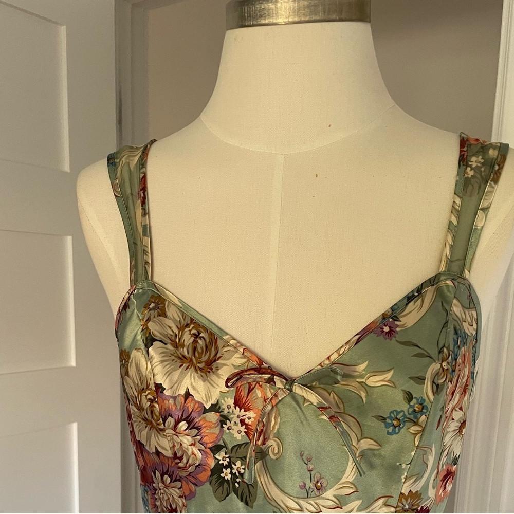 Floral Satin Slip Dress - Sage Green - Picture 3 of 6